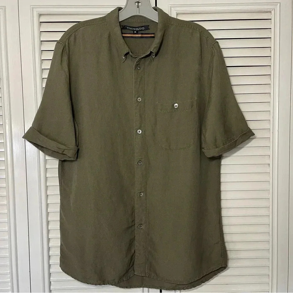 TIMO.WEILAND Casual Button Down Green Navy Shirt Medium size .